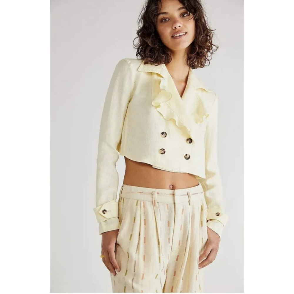 FREE PEOPLE Bennie Yellow Linen Ruffle Double Breasted Crop Blazer L